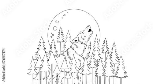 Illustration of a wolf howling at the moon in a forest