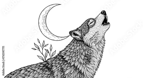 Illustration of a wolf howling at the moon drawing