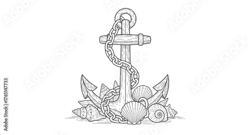 Illustration of an anchor with shells, nautical theme