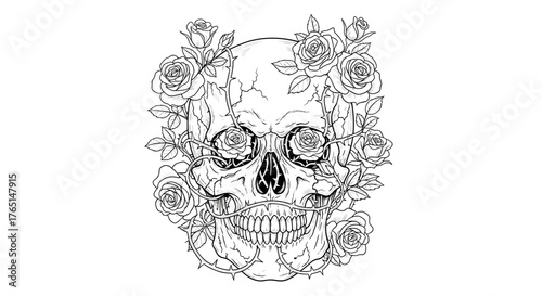 Vector art of skull surrounded by roses in detailed line art