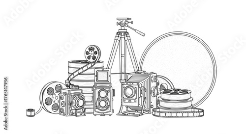 Vector art of vintage camera equipment in detailed line art