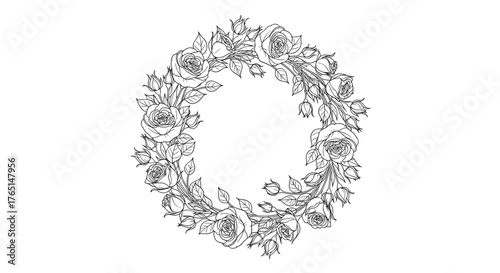 Vector art of floral wreath illustration with roses and leaves