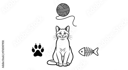 Illustration of a cat with a ball of yarn, paw print, and fish skeleton