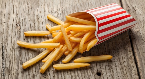 A wooden table with a red and white striped paper bag containing french fries spilling out onto the table.