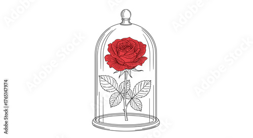 Vector art of enchanted rose under glass dome, a symbol of love and beauty