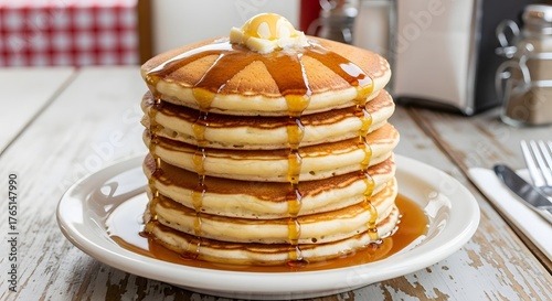 A stack of fluffy pancakes topped with butter and syrup, served on a white plate with a red and white checkered tablecloth in the background.
