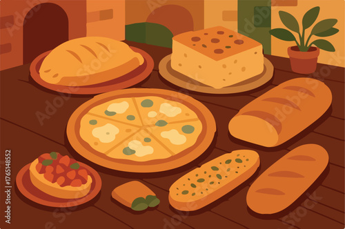 Flat-style vector illustration of classic Italian dishes including pizza, calzone, focaccia, bruschetta, and breads on a cozy café table setting.