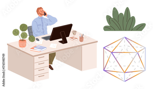 Worker multitasking at desk with books, coffee, and computer. Geometric figure and plants add creativity. Ideal for productivity, workspace, problem-solving, creativity, remote work balance simple