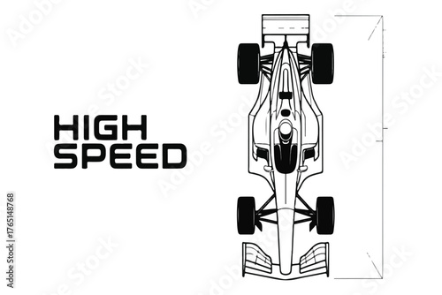 Top View Black Silhouette of a Formula 1 Race Car with Text High Speed racing