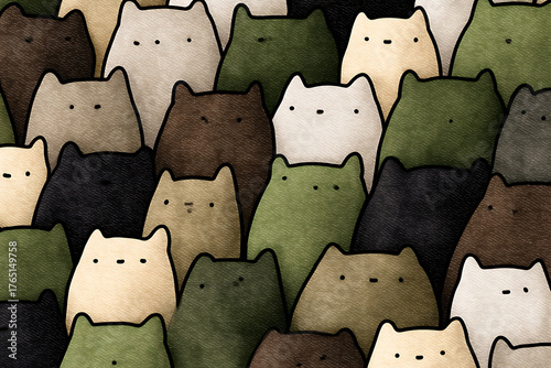 kawaii cat pattern, symmetrical kawaii-style cat pattern in muted -color palette with clean, vector-style design and seamless tile repeat