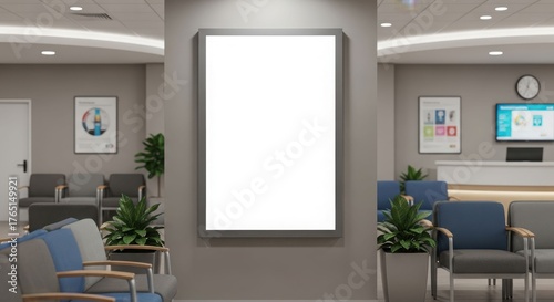 A waiting room with empty chairs and a blank poster in the center, suitable for advertising or information display.