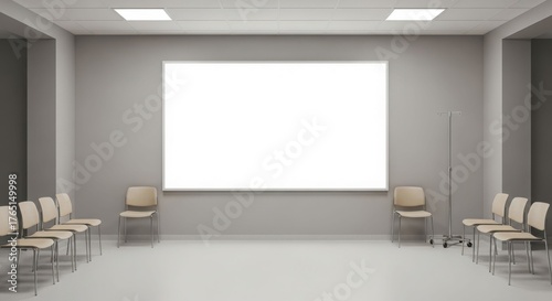 A sterile, modern waiting room with empty chairs and a blank display screen, awaiting patients.