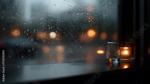Rainy Day Mood: Capturing the serene ambiance of a rain-streaked window, evoking a feeling of calm and solitude with a soft glow from the exterior lights and a glass resting on the sill.