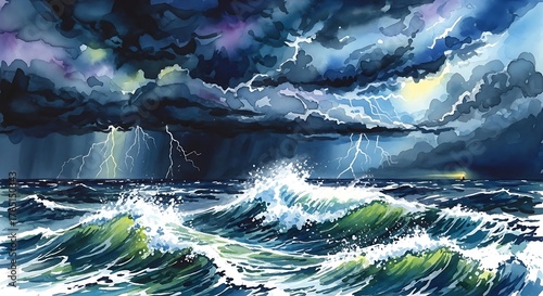 Watercolor painting depicting a stormy sea with lightning and large waves under a dark cloudy sky