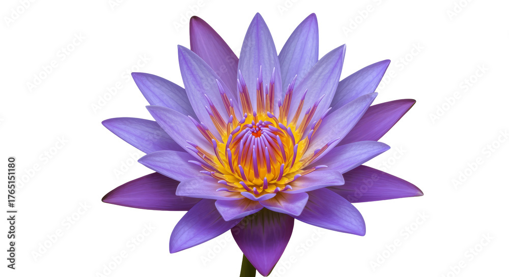 Obraz premium Stunning Bloom of Purple Water Lily with Yellow Center Against Black Background Captivating Beauty of Nature