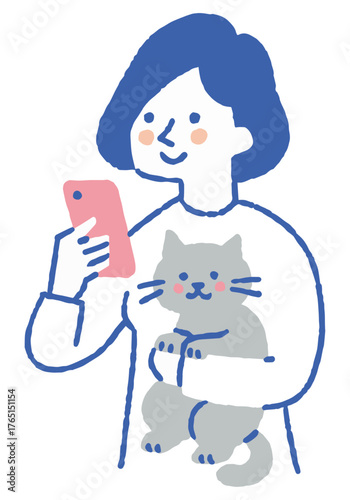 Woman holding a cat while looking at her smartphone_Color