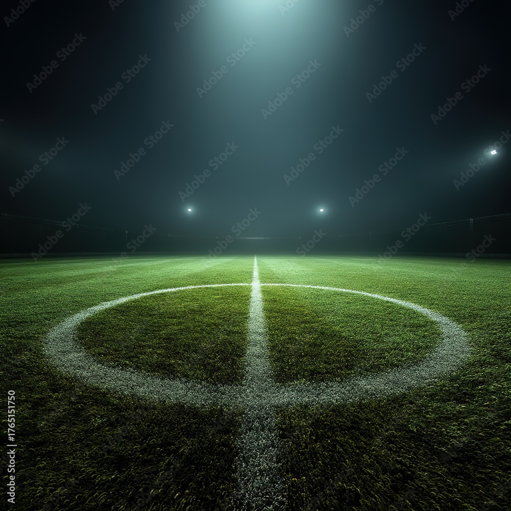 Obraz premium Illuminated Soccer Field at Night Football Stadium Lights Grass