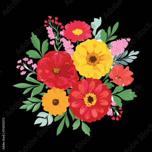 Dramatic, lush bouquet illustration of red, yellow, and orange floral Plants against a black background, emphasizing bold, vivid contrast