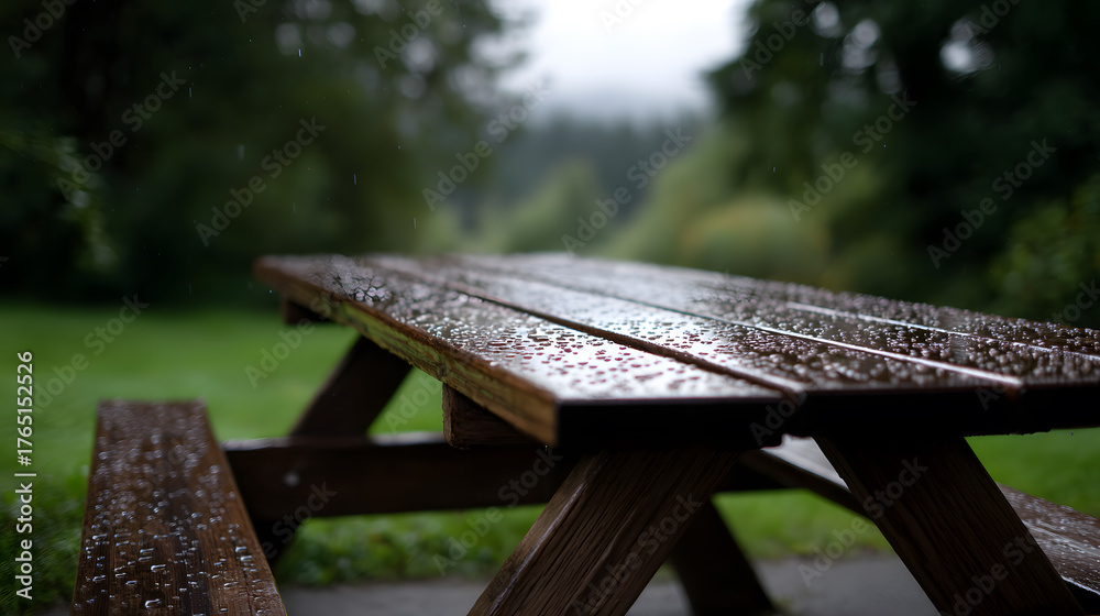 Fototapeta premium Rainy Day Picnic: A wooden picnic table glistens with raindrops, set against a blurred background of green foliage. Evokes a sense of calm contemplation.