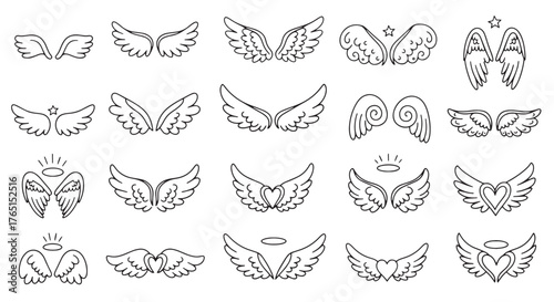 A set of hand-drawn angel wings and halos in a simple line art style, perfect for spiritual or design projects.