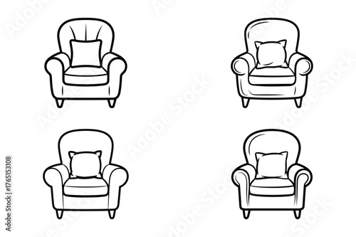 
cozy armchair with pillow vector set - comfy lounge chair line art
