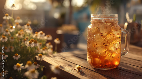 A glass jar filled with a beverage sits on a wooden table. The jar is filled with ice and the beverage is a tea. The table is surrounded by flowers, giving the scene a pleasant and relaxing atmosphere