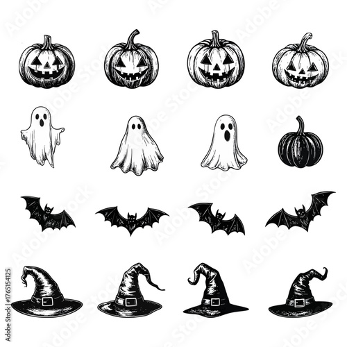 Hand-drawn Halloween icon set featuring jack-o'-lanterns, ghosts, bats, and witch hats in vintage sketch style. Ideal for spooky designs, party decor, packaging, or seasonal illustrations.