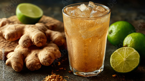 A glass of ginger ale with lime slices on the side. The glass is half full and the lime slices are on the table