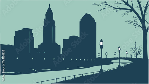 Columbus skyline vector art of a cleveland ohio cityscape with river and lush trees. Ideal for travel brochures, city guides, and promotional materials.