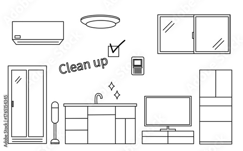 家の片づけのシンプルな線画アイコンセット