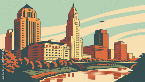 Columbus skyline vector illustration with a vintage aesthetic. Ideal for travel brochures, postcards, posters, and citythemed designs.