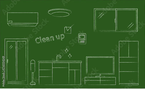 黒板に描かれたシンプルなインテリアのイラストセット