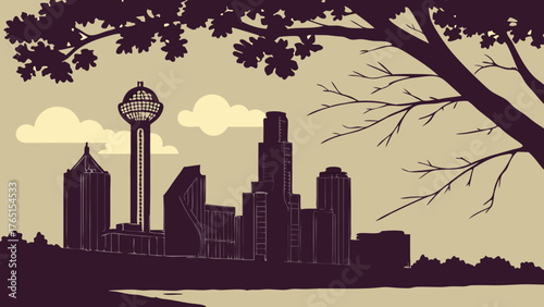 Dallas skyline vector cityscape with warm background, trees, and clouds. Perfect for citythemed designs, travel brochures, and promotional materials.