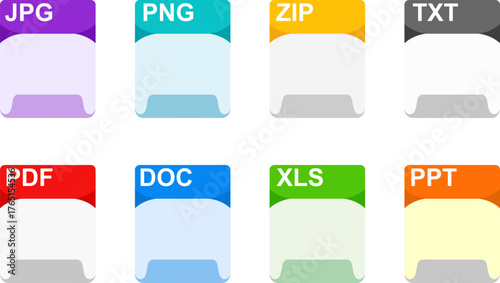  Modern Colorful Set of File Format Icons: JPG, PNG, PDF, DOC, XLS, PPT, ZIP, TXT