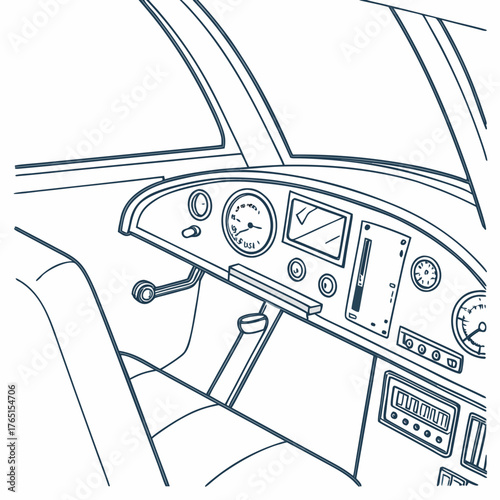 Airplane cockpit interior sketch vector illustration