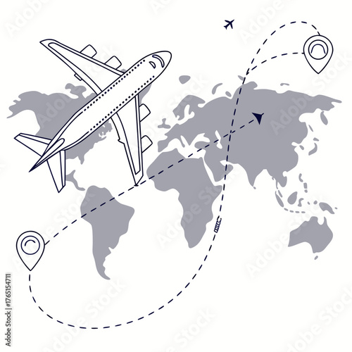 Airplane flying over world map with route