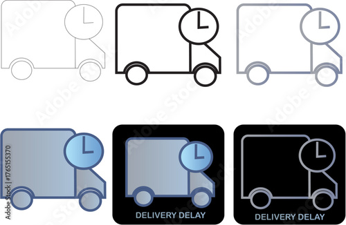 Collection of minimalist vector icons signifying delayed delivery, featuring a stylized shipping truck alongside a clock for urgent logistics and package tracking updates across various platforms