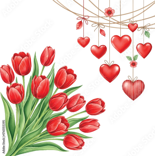 Watercolor Valentine's Day Flowers and Hearts Illustration