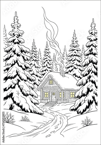 Cozy Winter Cabin Scene with Smoke Rising from Chimney surrounded by Snow-Covered Pine Trees along a Winding Path