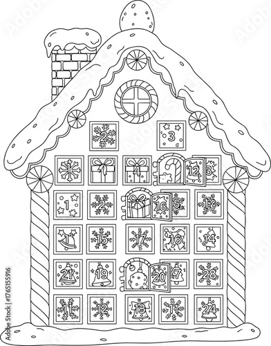 Christmas Advent Calendar Coloring Page Featuring a Gingerbread House with Snowflake and Festive Designs