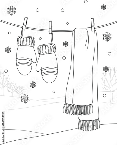 Winter scene with mittens and scarf drying on a clothesline, surrounded by snowflakes and snow-covered trees