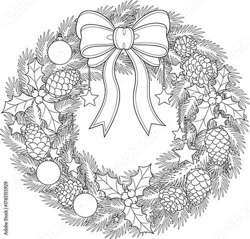 Festive Christmas Wreath Coloring Page with Bow and Ornaments