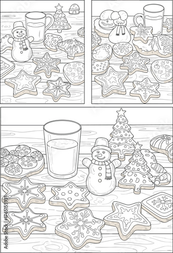 Christmas Cookies and Milk Festive Scene with a Snowman and Various Cookie Shapes