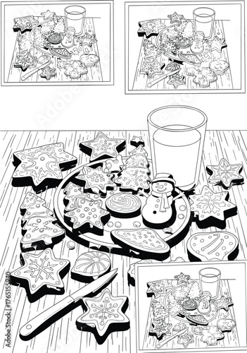 A festive black and white illustration of a plate of decorated Christmas cookies and a glass of milk set out as a holiday treat on a wooden table