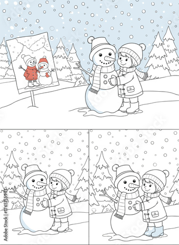 Children playing with a snowman in a winter wonderland find the differences puzzle and coloring page for kids