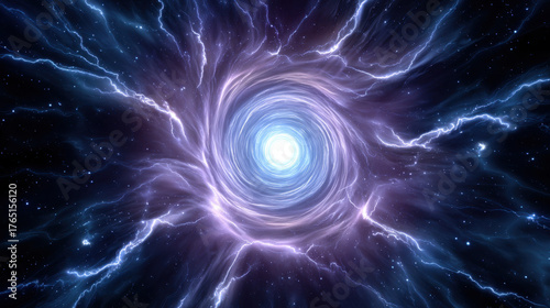 A luminous vortex portal space vortex energy swirl cosmic tunnel electric lightning nebula cloud star field light core wormhole
