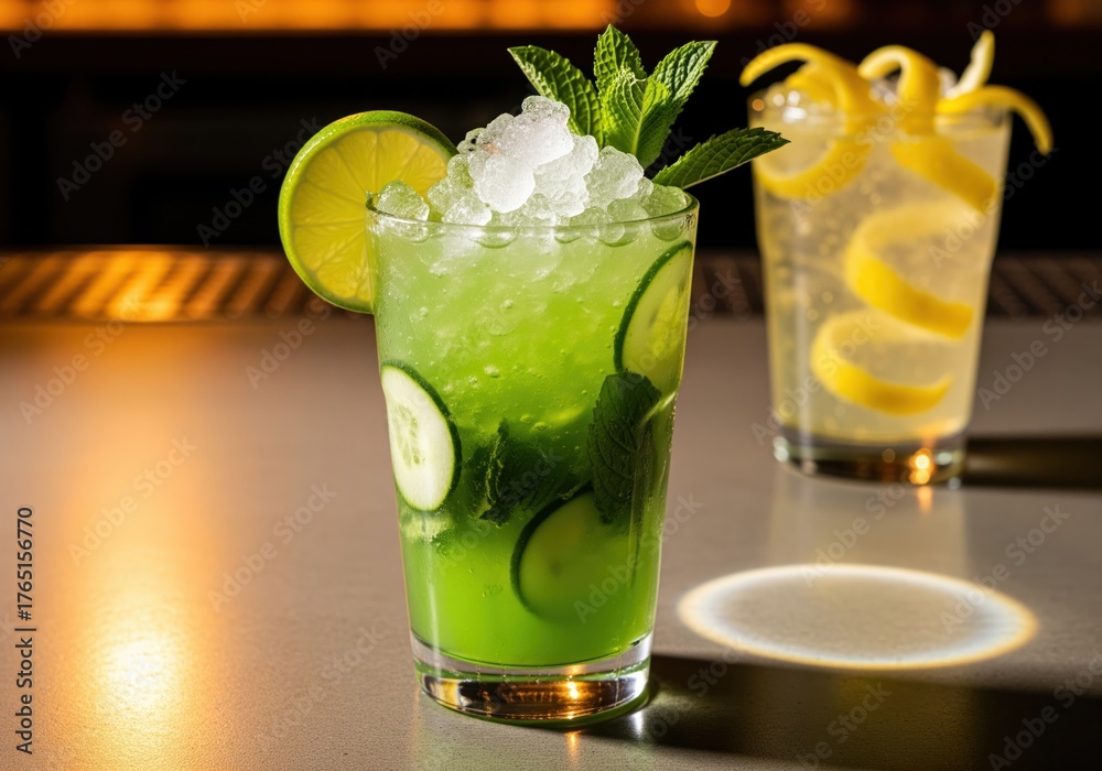Fototapeta premium Refreshing bright green cocktail with cucumber and mint in a highball glass with crushed ice