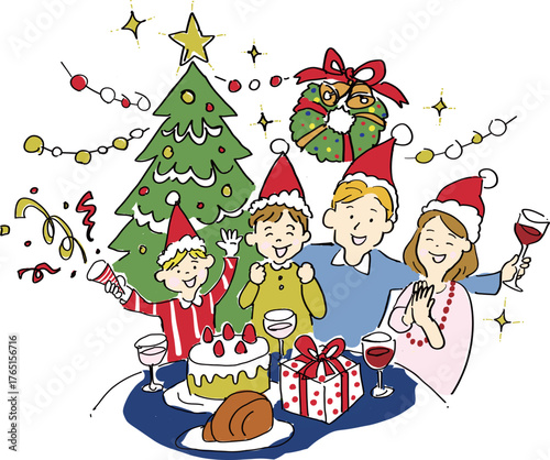 Family Enjoying a Christmas Party Illustration
