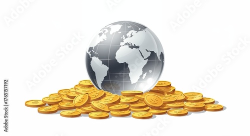 Global Finances: Illustrative depiction of global financial abundance, with the earth placed above a pile of gold coins, symbolizing wealth and worldwide economy. 