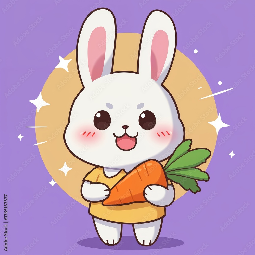 Obraz premium Cute Bunny with Carrot: A charming cartoon bunny radiates joy as it proudly clutches a vibrant carrot, symbolizing freshness and a delightful moment.